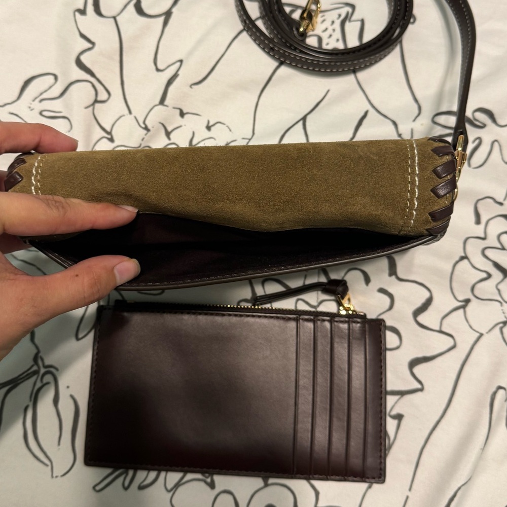 Tory Burch Stitched Leather Suede Brown Crossbody Set - Picture 3 of 5